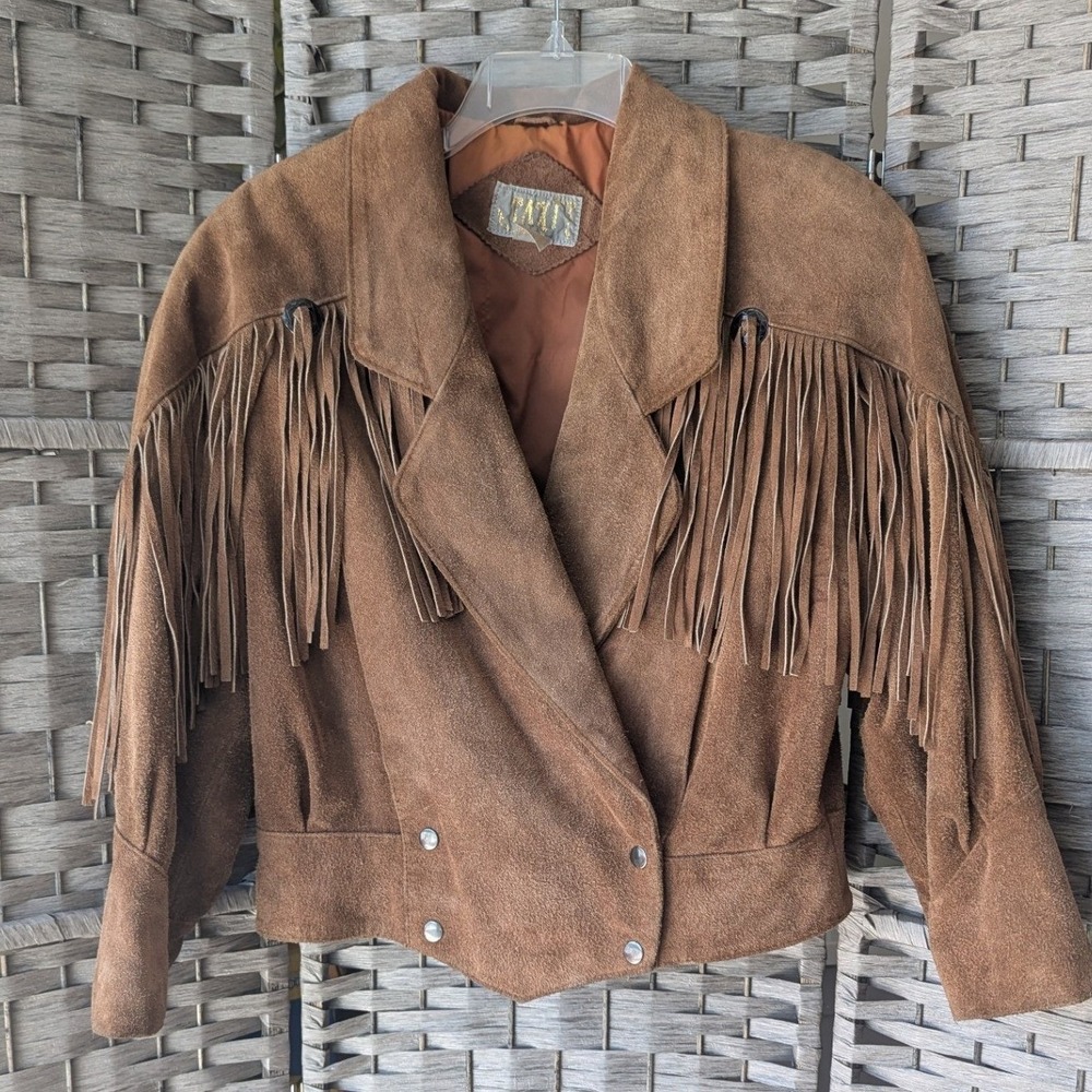 Vtg 80s Taxi Jacket Brown Camel Suede Fringe Western Cropped Womens S Boxy Fit - Picture 3 of 11